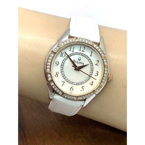 Bulova Women\'s Watch 98L182 Quartz Mother of Pearl Dial Gemmed White Lea…